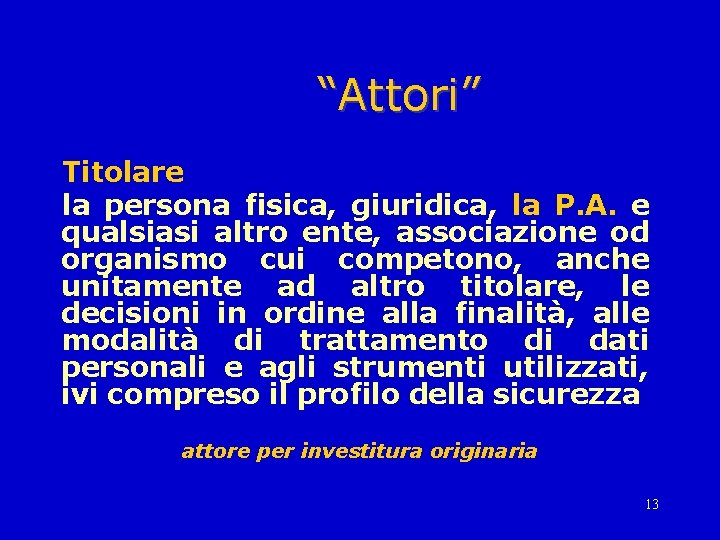 “Attori” Titolare la persona fisica, giuridica, la P. A. e qualsiasi altro ente, associazione