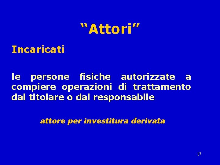 “Attori” Incaricati le persone fisiche autorizzate a compiere operazioni di trattamento dal titolare o