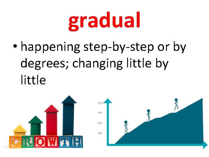 gradual • happening step-by-step or by degrees; changing little by little 