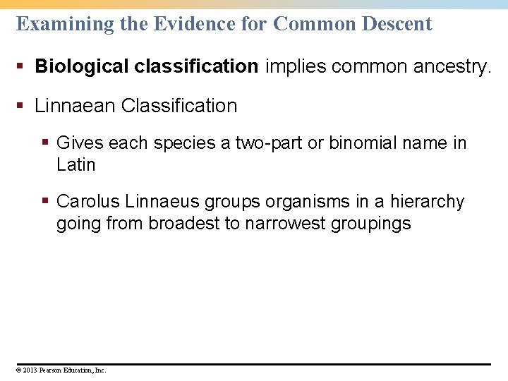Examining the Evidence for Common Descent § Biological classification implies common ancestry. § Linnaean