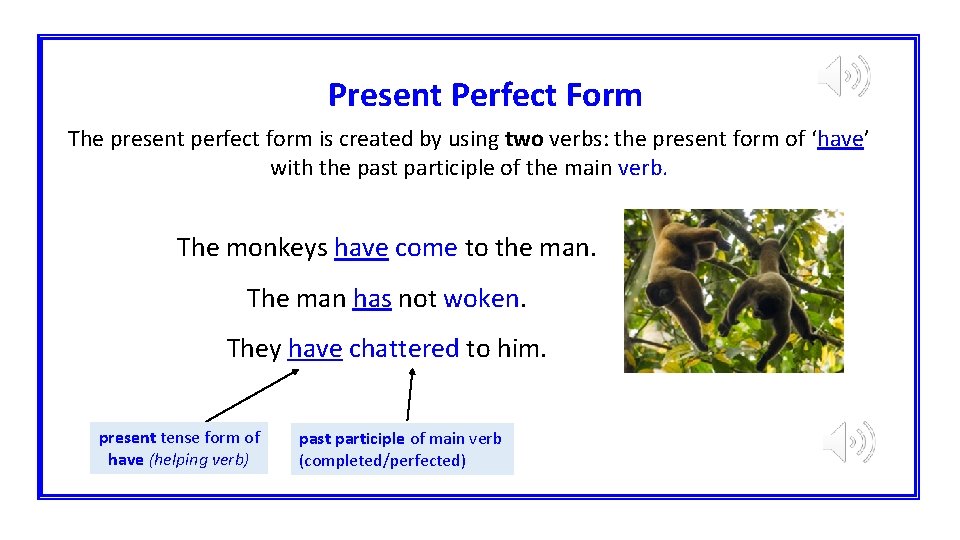 Present Perfect Form The present perfect form is created by using two verbs: the