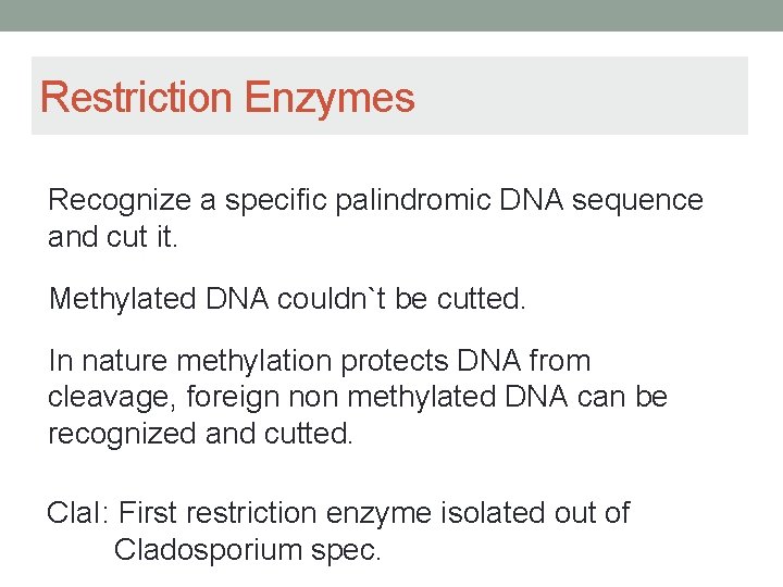 Restriction Enzymes Recognize a specific palindromic DNA sequence and cut it. Methylated DNA couldn`t Restriction Enzymes Recognize a specific palindromic DNA sequence and cut it. Methylated DNA couldn`t