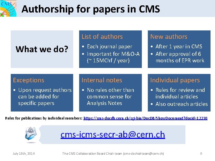 Authorship for papers in CMS List of authors New authors • Each journal paper
