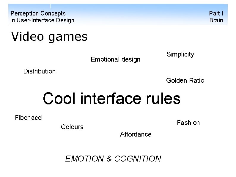 Perception Concepts in User-Interface Design Part I Brain Video games Emotional design Simplicity Distribution