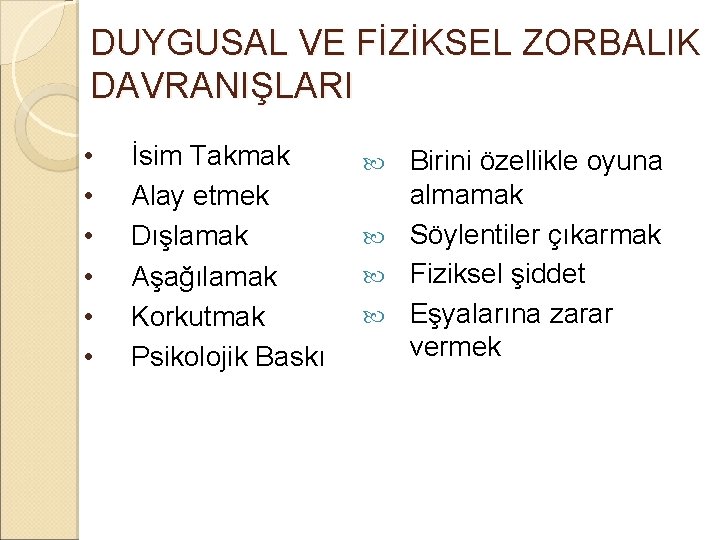 DUYGUSAL VE FİZİKSEL ZORBALIK DAVRANIŞLARI • • • İsim Takmak Alay etmek Dışlamak Aşağılamak