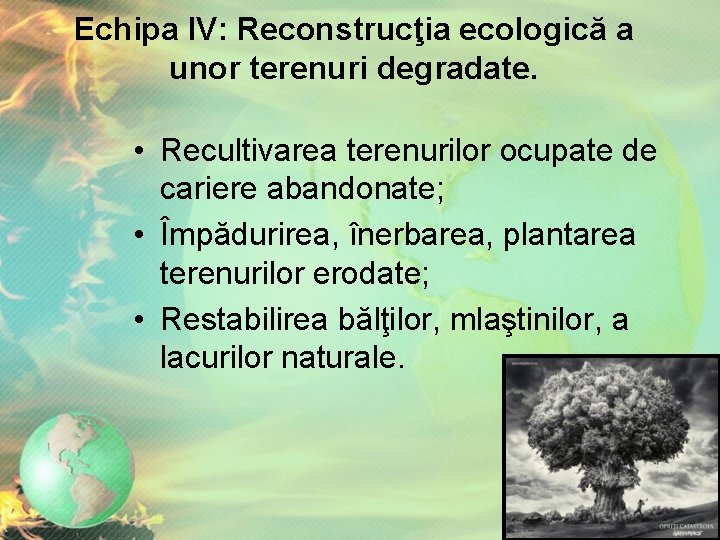 Echipa IV: Reconstrucţia ecologică a unor terenuri degradate. • Recultivarea terenurilor ocupate de cariere Echipa IV: Reconstrucţia ecologică a unor terenuri degradate. • Recultivarea terenurilor ocupate de cariere