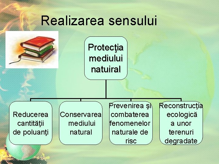 Realizarea sensului Protecţia mediului natuiral Reducerea cantităţii de poluanţi Prevenirea şi Reconstrucţia ecologică Conservarea Realizarea sensului Protecţia mediului natuiral Reducerea cantităţii de poluanţi Prevenirea şi Reconstrucţia ecologică Conservarea