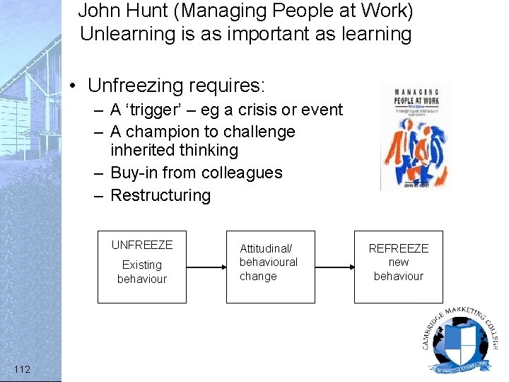 John Hunt (Managing People at Work) Unlearning is as important as learning • Unfreezing