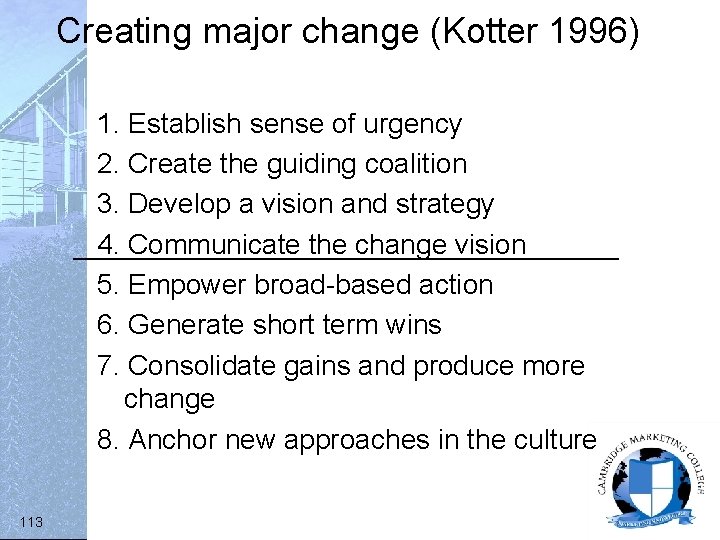 Creating major change (Kotter 1996) 1. Establish sense of urgency 2. Create the guiding
