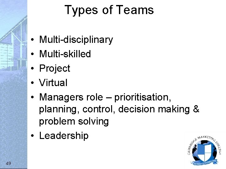 Types of Teams • • • Multi-disciplinary Multi-skilled Project Virtual Managers role – prioritisation,