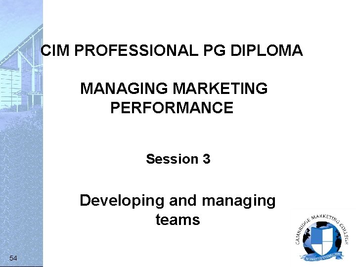 CIM PROFESSIONAL PG DIPLOMA MANAGING MARKETING PERFORMANCE Session 3 Developing and managing teams 54