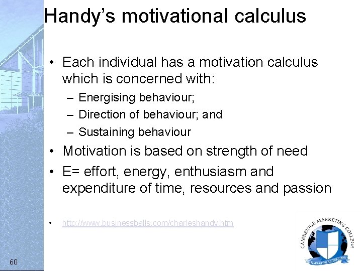 Handy’s motivational calculus • Each individual has a motivation calculus which is concerned with: