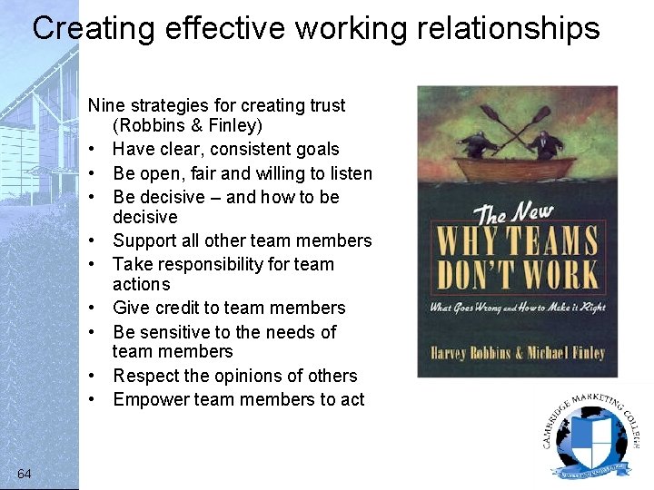 Creating effective working relationships Nine strategies for creating trust (Robbins & Finley) • Have