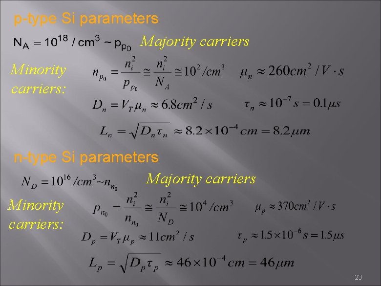 p-type Si parameters Majority carriers Minority carriers: n-type Si parameters Majority carriers Minority carriers: