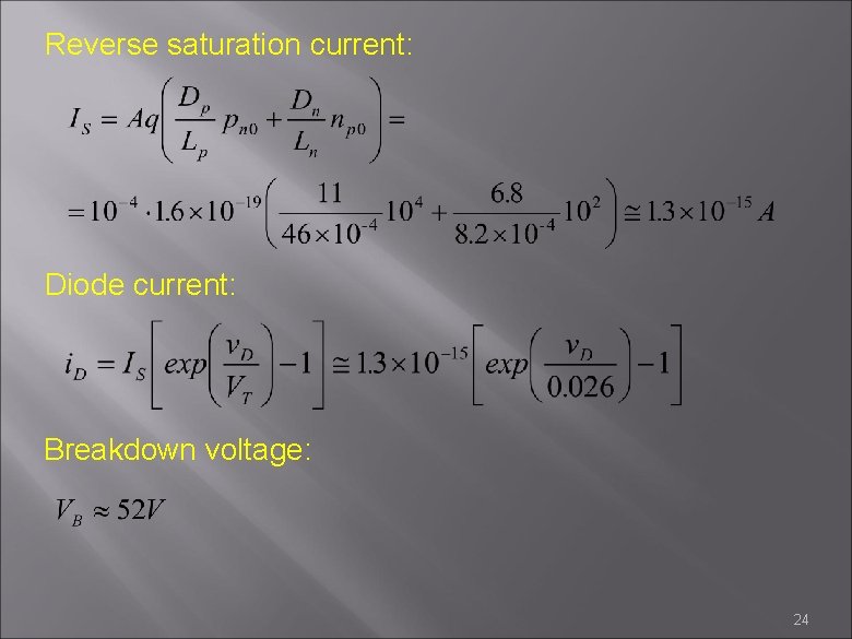 Reverse saturation current: Diode current: Breakdown voltage: 24 