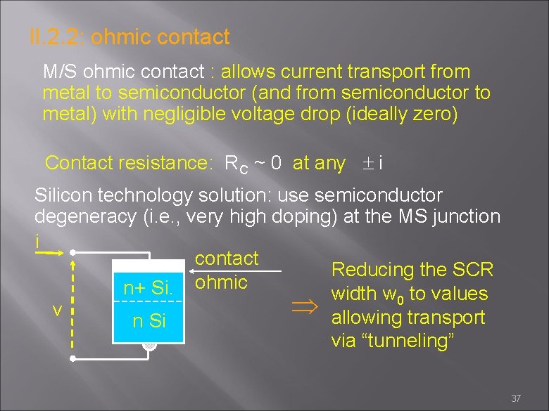 II. 2. 2: ohmic contact M/S ohmic contact : allows current transport from metal