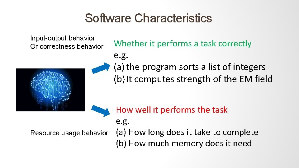 Software Characteristics Input-output behavior Or correctness behavior Resource usage behavior Whether it performs a