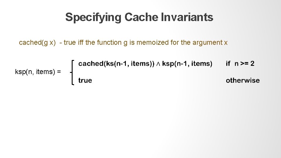 Specifying Cache Invariants cached(g x) - true iff the function g is memoized for