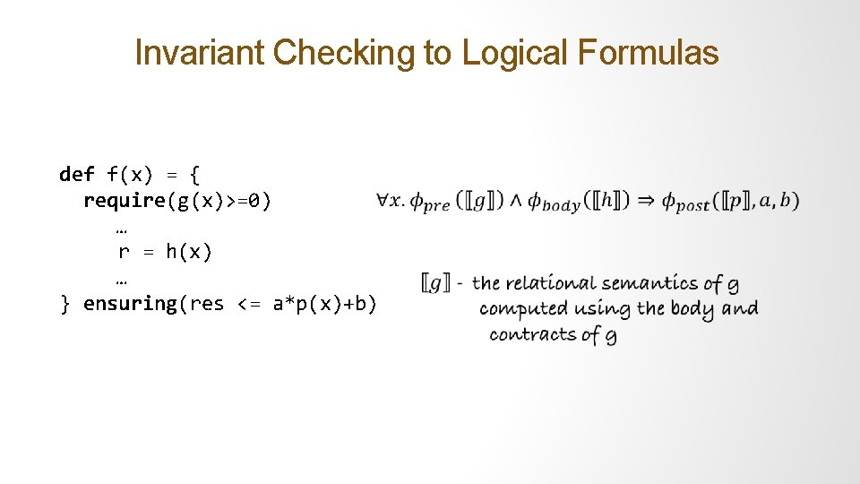 Invariant Checking to Logical Formulas def f(x) = { require(g(x)>=0) … r = h(x)