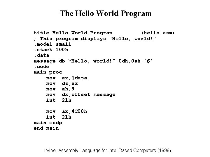 The Hello World Program title Hello World Program (hello. asm) ; This program displays