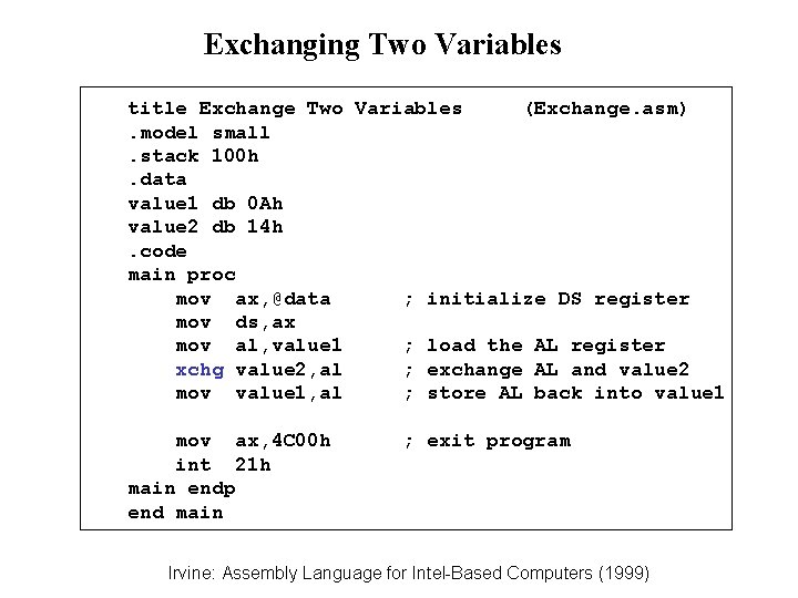 Exchanging Two Variables title Exchange Two Variables (Exchange. asm). model small. stack 100 h. Exchanging Two Variables title Exchange Two Variables (Exchange. asm). model small. stack 100 h.