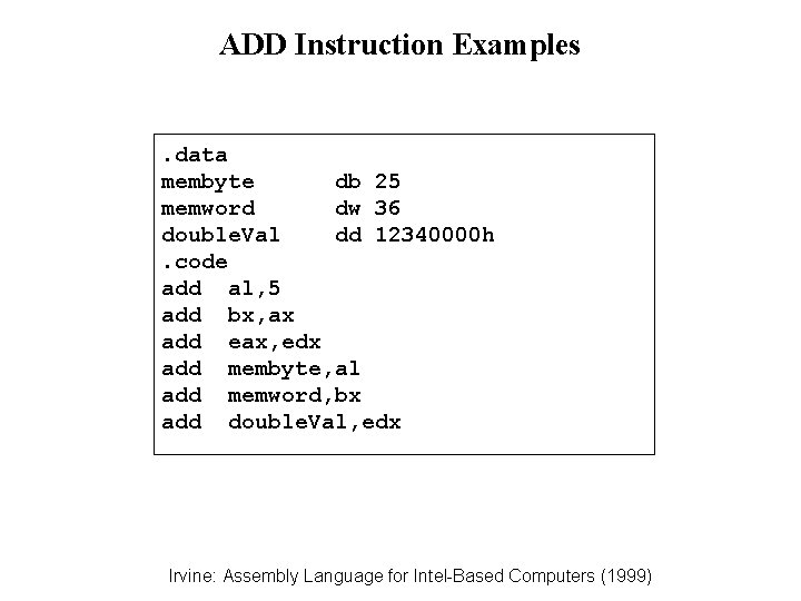 ADD Instruction Examples . data membyte db 25 memword dw 36 double. Val dd ADD Instruction Examples . data membyte db 25 memword dw 36 double. Val dd