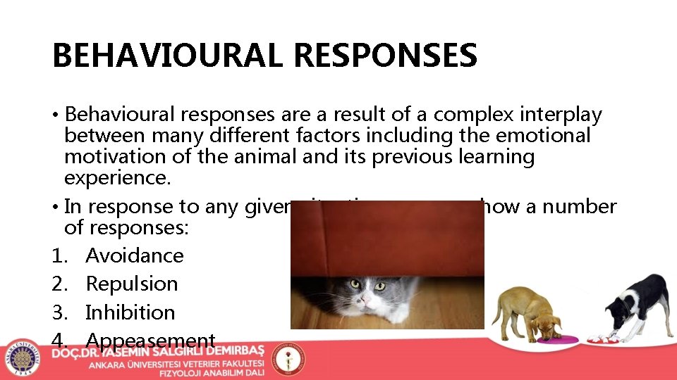 BEHAVIOURAL RESPONSES • Behavioural responses are a result of a complex interplay between many