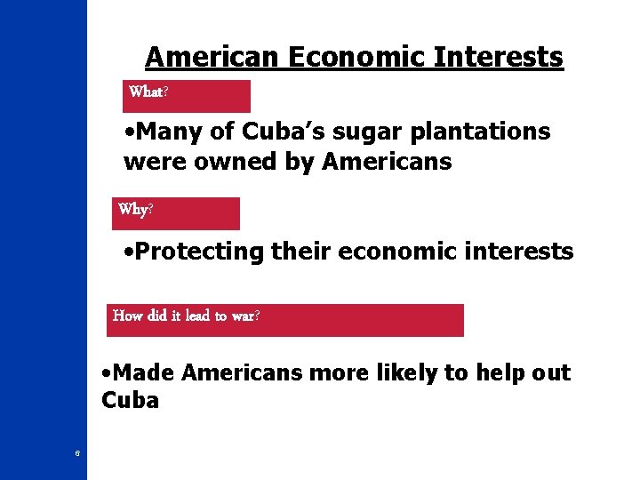 American Economic Interests What? • Many of Cuba’s sugar plantations were owned by Americans American Economic Interests What? • Many of Cuba’s sugar plantations were owned by Americans