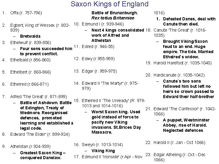 Saxon Kings of England 1. 2. 3. 4. 5. 6. 7. 8. 9. Battle