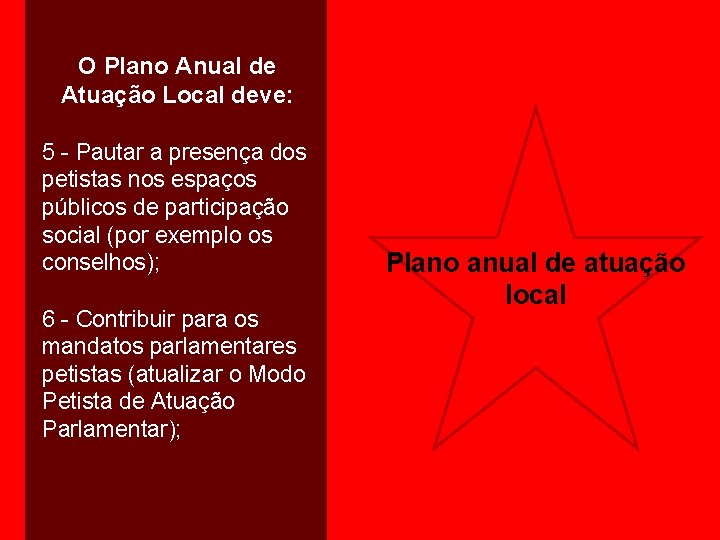 O Plano Anual de Atuação Local deve: 5 - Pautar a presença dos petistas