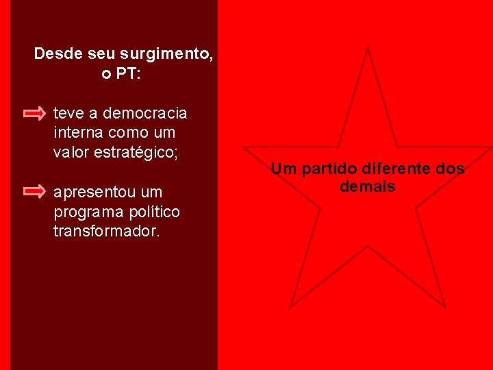 Desde seu surgimento, o PT: teve a democracia interna como um valor estratégico; apresentou