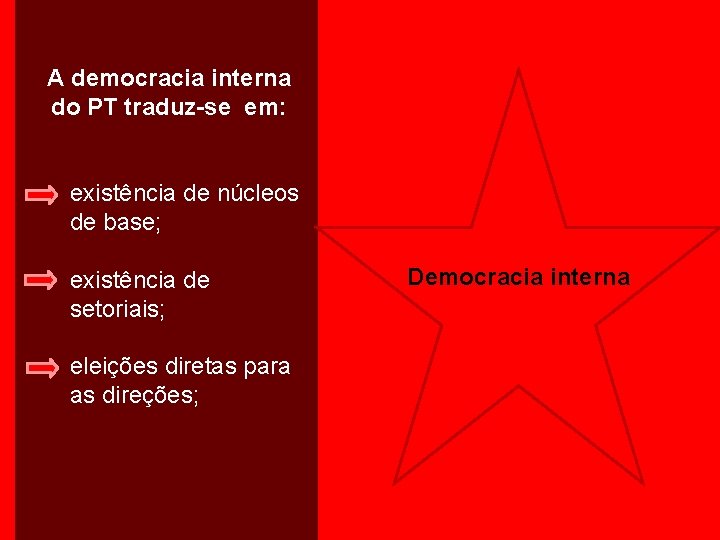 A democracia interna do PT traduz-se em: existência de núcleos de base; existência de