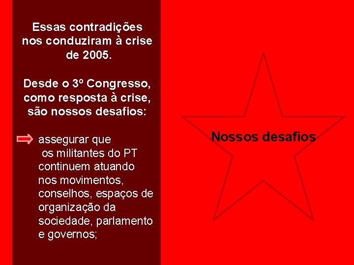 Essas contradições nos conduziram à crise de 2005. Desde o 3º Congresso, como resposta