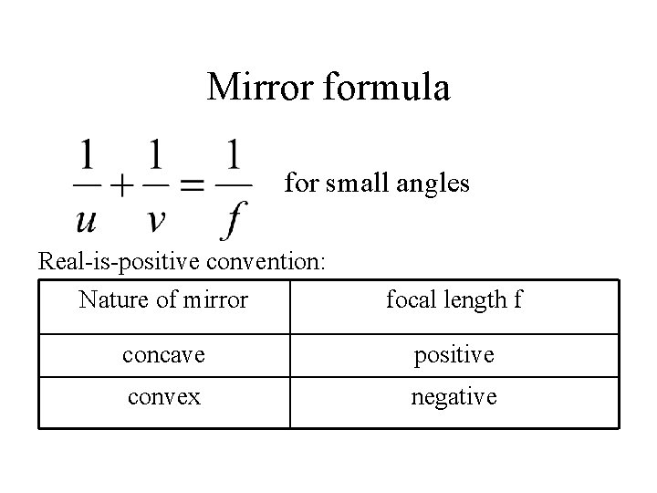 Mirror formula for small angles Real-is-positive convention: Nature of mirror focal length f concave