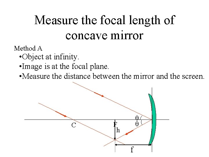 Measure the focal length of concave mirror Method A • Object at infinity. •