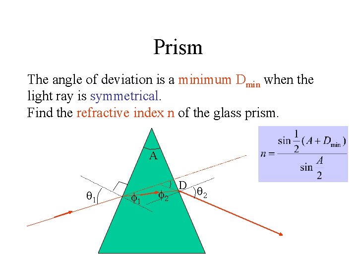 Prism The angle of deviation is a minimum Dmin when the light ray is
