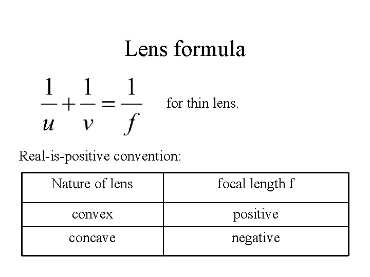 Lens formula for thin lens. Real-is-positive convention: Nature of lens focal length f convex