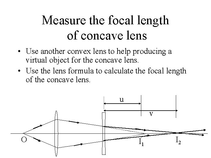 Measure the focal length of concave lens • Use another convex lens to help