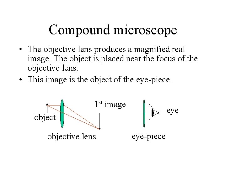Compound microscope • The objective lens produces a magnified real image. The object is