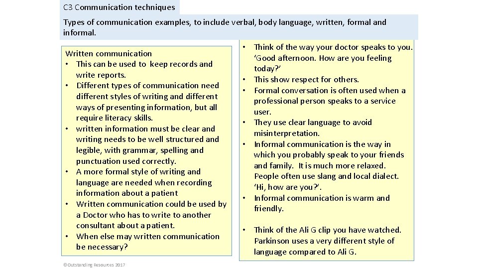 C 3 Communication techniques Types of communication examples, to include verbal, body language, written,