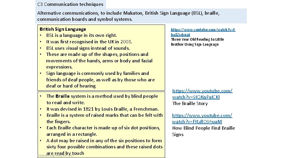 C 3 Communication techniques Alternative communications, to include Makaton, British Sign Language (BSL), braille,