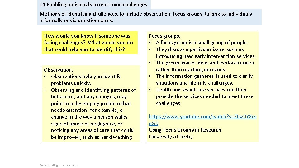 C 1 Enabling individuals to overcome challenges Methods of identifying challenges, to include observation,