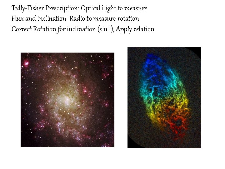 Tully-Fisher Prescription: Optical Light to measure Flux and inclination. Radio to measure rotation. Correct