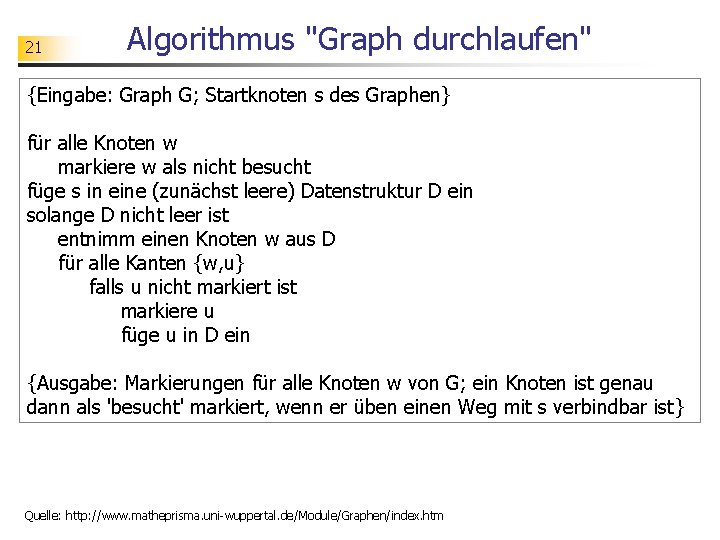 21 Algorithmus "Graph durchlaufen" {Eingabe: Graph G; Startknoten s des Graphen} für alle Knoten