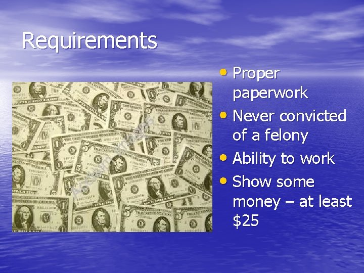 Requirements • Proper paperwork • Never convicted of a felony • Ability to work