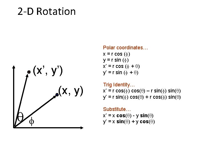 2 -D Rotation (x’, y’) (x, y) f Polar coordinates… x = r cos