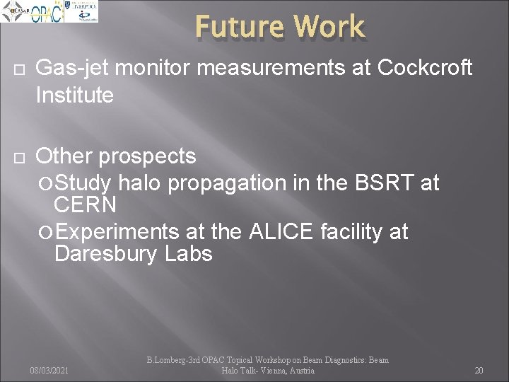 Future Work Gas-jet monitor measurements at Cockcroft Institute Other prospects Study halo propagation in