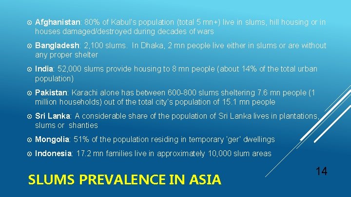  Afghanistan: 80% of Kabul’s population (total 5 mn+) live in slums, hill housing