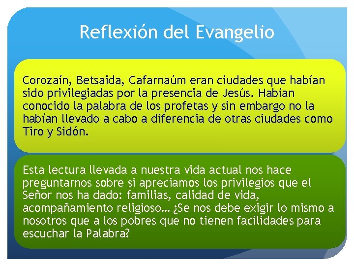 Reflexión del Evangelio Corozaín, Betsaida, Cafarnaúm eran ciudades que habían sido privilegiadas por la