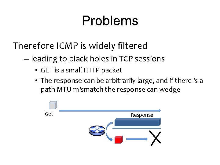 Problems Therefore ICMP is widely filtered – leading to black holes in TCP sessions